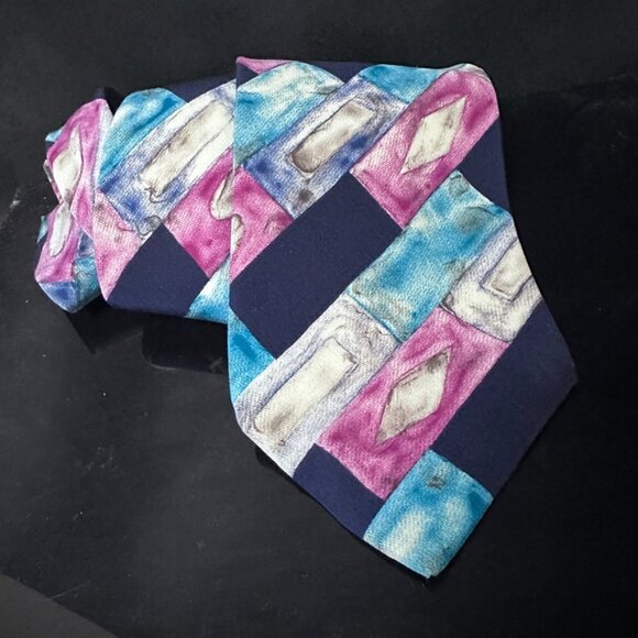 Louis Feraud Pink Turquoise Silk Tie Painting Watercolor Modern Art Blue - Picture 6 of 8